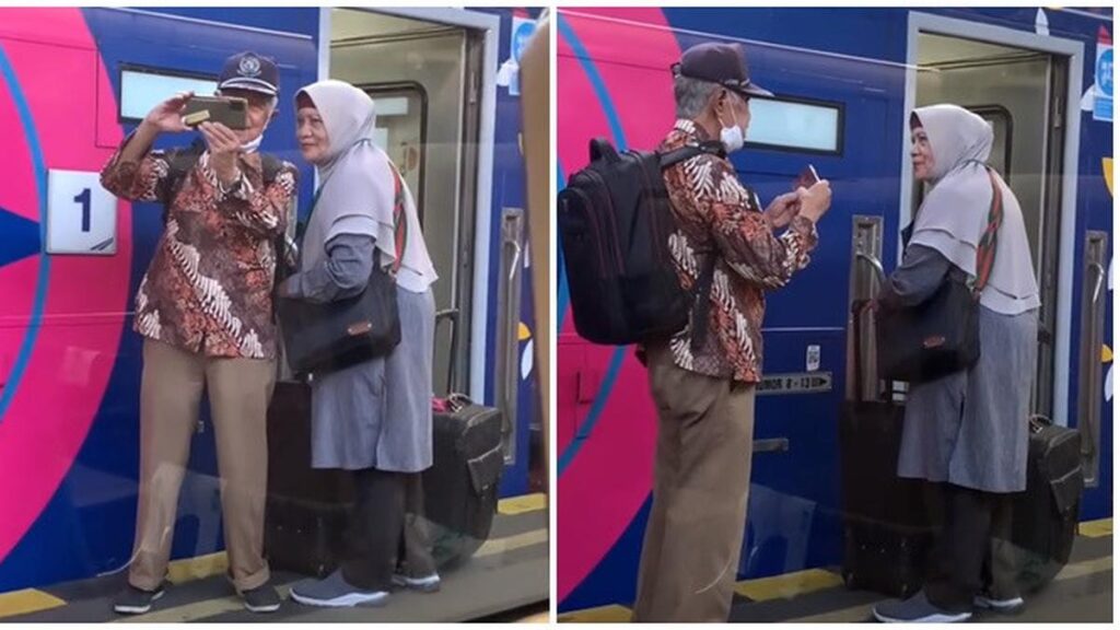 Momen Viral Pasangan Lansia Foto Bareng Sebelum Naik Kereta, Romantis Saat Senja