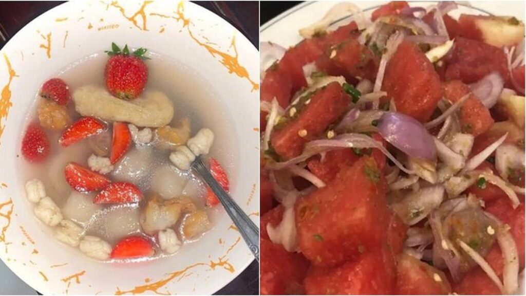 10 Foto Aneh Makanan Bercampur Buah yang Bikin Geleng-geleng Kepala, Tertarik Coba?