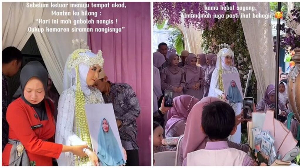 Momen haru seorang wanita membawa foto ibunya saat menikah, serasa ditemani