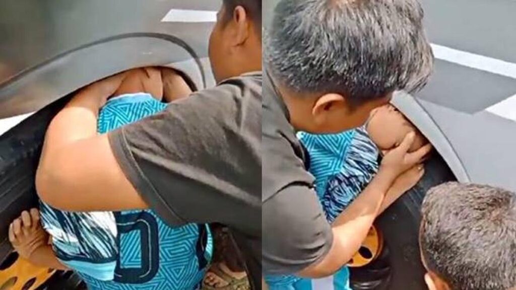 Viral momen kepala anak laki-laki tersangkut di bawah roda bus, bikin geleng-geleng kepala