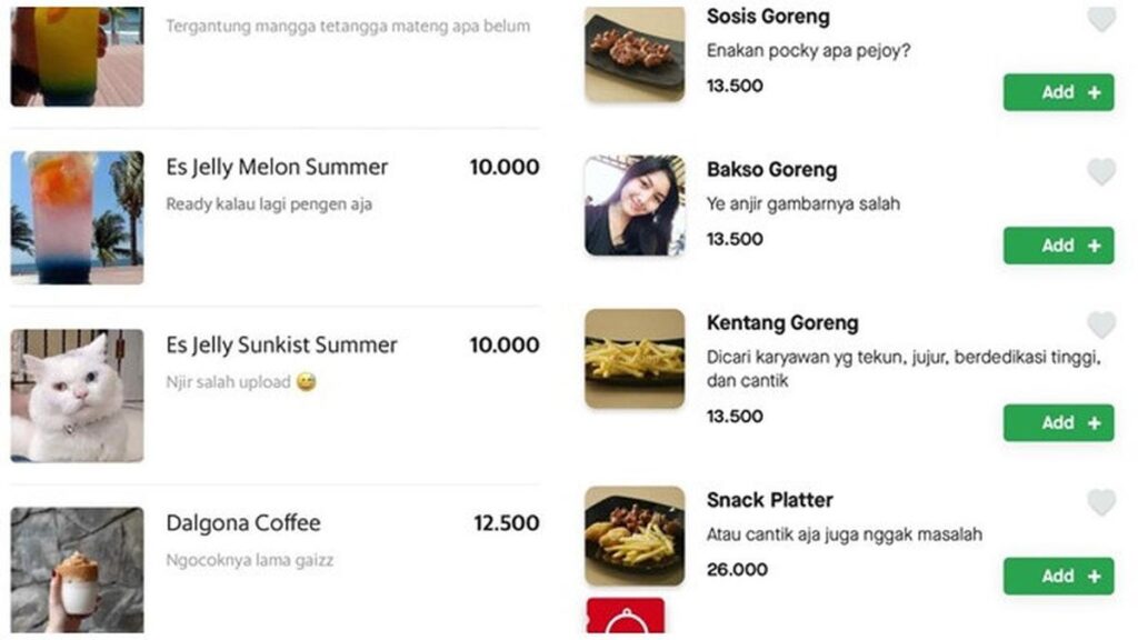 6 gambar aneh pada daftar menu aplikasi ojek online ini bikin hilang fokus