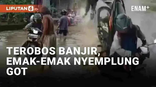 VIDEO: Emak-Emak Bermotor Nyemplung ke Got Saat Terobos Banjir di Riau