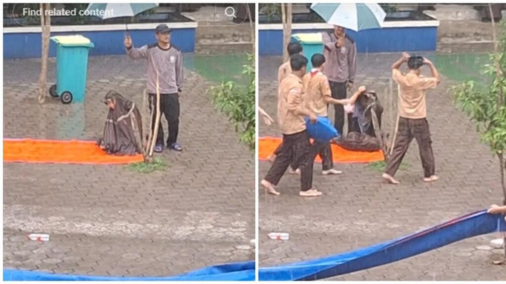 Rela kehujanan, aksi mulia satpam yang melindungi guru saat salat di lapangan ini viral