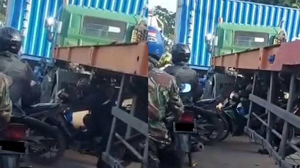 Viral, Aksi Pengendara Sepeda Motor Lewat di Bawah Truk Kontainer Menantang Maut