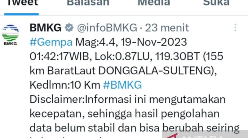 Gempa M 4,4 guncang Donggala, Sulawesi Tengah