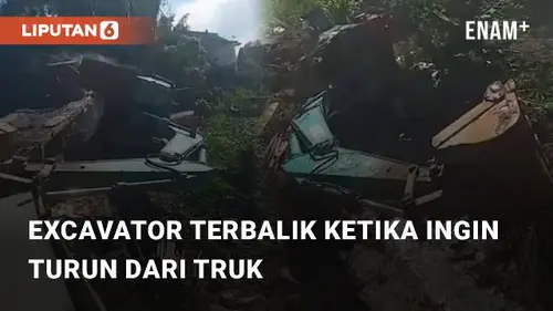 VIDEO: Detik-detik Excavator Terbalik Ketika Ingin Turun dari Truk Pengangkut