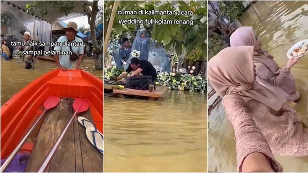 Viral Acara Pernikahan Tetap Digelar Meski Banjir, Para Tamu Diangkut dengan Kano