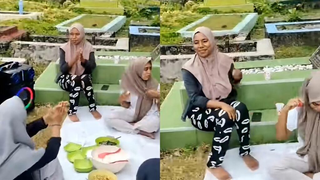 Viral kelakuan ibu-ibu yang piknik di kuburan sambil menari jadi sorotan