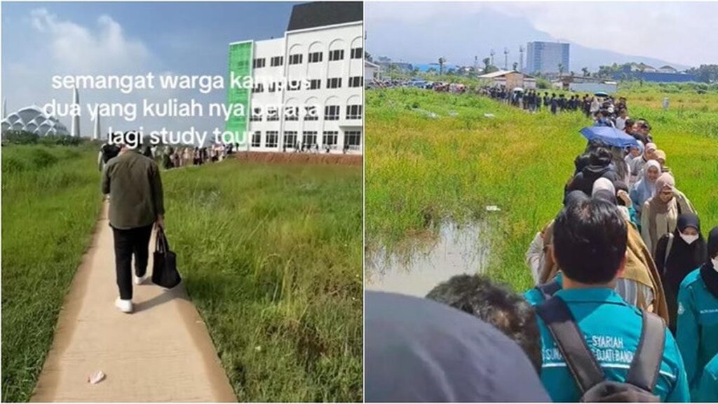 Viral: Puluhan mahasiswa berangkat kuliah lewat sawah, kampus dekat Masjid Al Jabbar